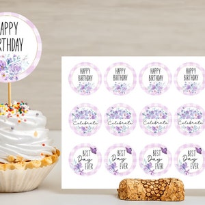 Etiqueta para topo de cupcake de sublimação de 2 polegadas com estampa floral roxa para aniversário, imagens para impressão
