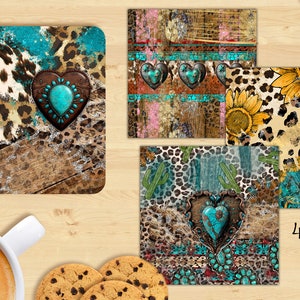 May include: Four square coasters with a western theme. Designs include turquoise, leopard print, sunflowers, and heart-shaped embellishments. The coasters are approximately 4 inches square. The image also includes a cup of coffee and cookies.