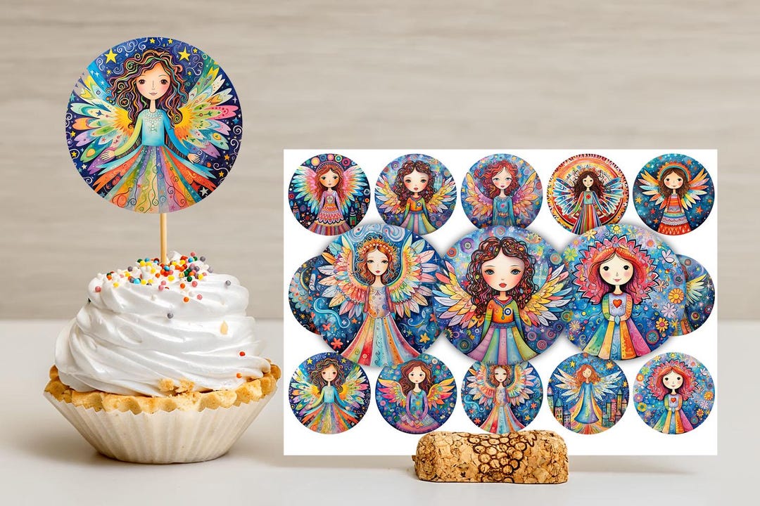 アート・デザイン・音楽 Angels in Fall - Karin Apollonia Muller Artsy Angels 2 Inch Sublimation Cupcake JPG PNG Coaster Topper Tag