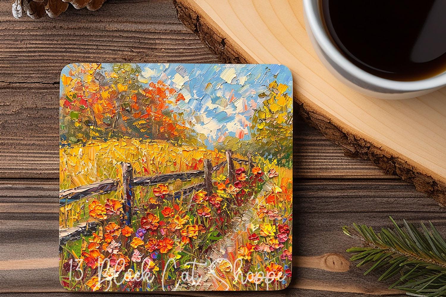 Square Coaster PNG Autumn Field Country Farm Painting 4 Inch Coaster ...