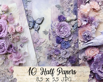 May include: A set of 10 digital papers featuring a collage of purple and pink flowers, butterflies, and a bird. The papers are 8.5 inches by 5.5 inches and are in JPG format.