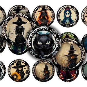 Peut inclure: Ensemble de 16 embellissements ronds en papier pour scrapbooking sur le thème d'Halloween, en noir et or. Chaque embellissement présente un motif effrayant différent, notamment des sorcières, des chats, des crânes et un cimetière.