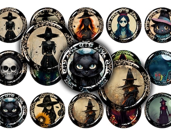 May include: Set of 16 round black and gold Halloween themed scrapbook paper embellishments. Each embellishment features a different spooky design, including witches, cats, skulls, and a graveyard.