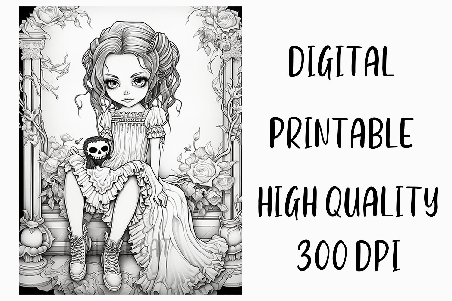 Cute and Creepy Goth Girl Coloring Pages Digital Printable 8.5x11 - Etsy