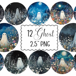 May include: Twelve 2.5 inch PNG digital images of ghosts in a field of flowers. Each image features a white ghost with a different floral background.