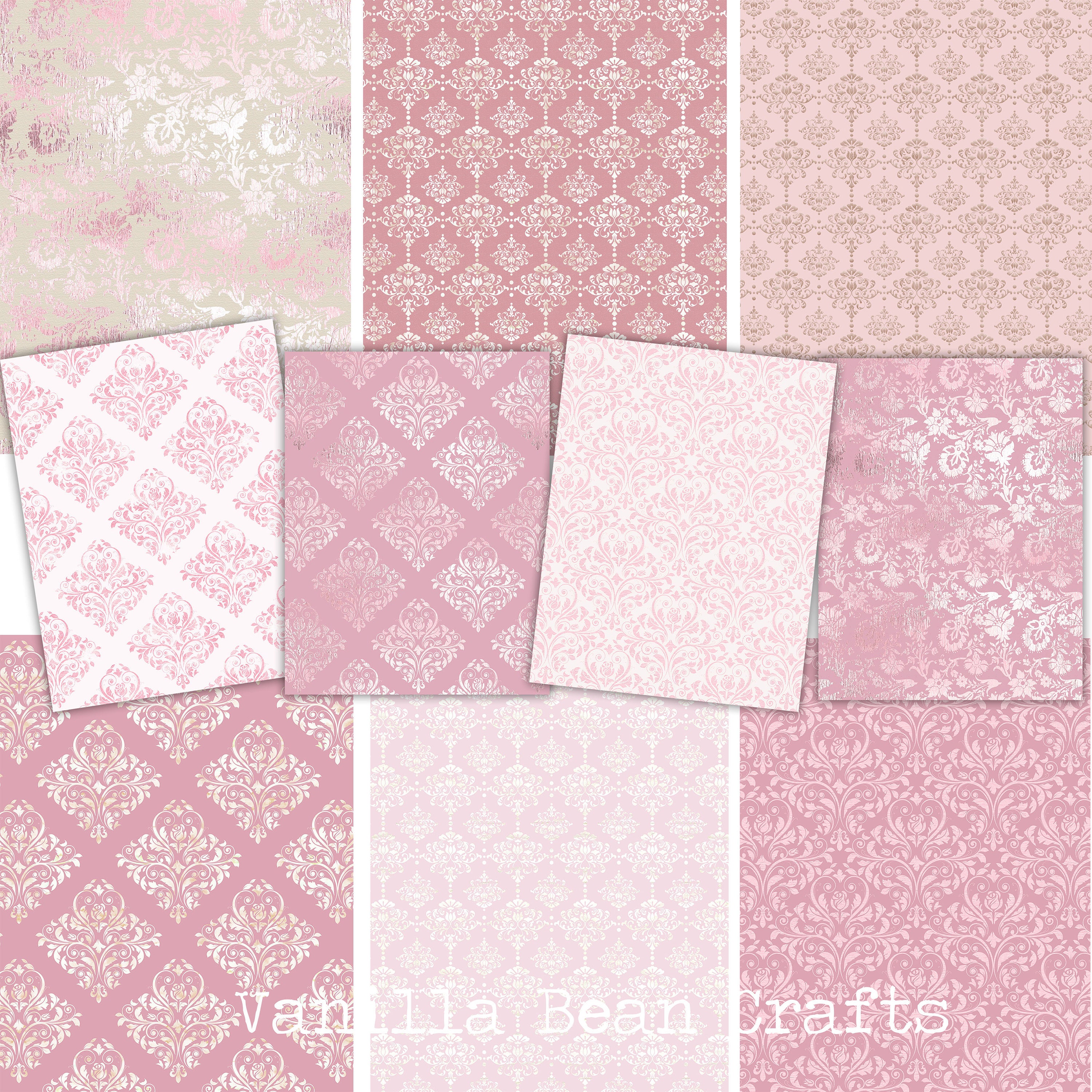 PINK GOLD DAMASK Digital Paper Junk Journal 8.5x11 Letter Printable ...