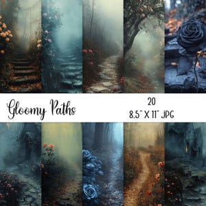 May include: A digital collage of 20 moody, atmospheric images featuring paths through a misty forest. The images are 8.5 inches by 11 inches and are in JPG format. The title "Gloomy Paths" is displayed at the top of the collage.