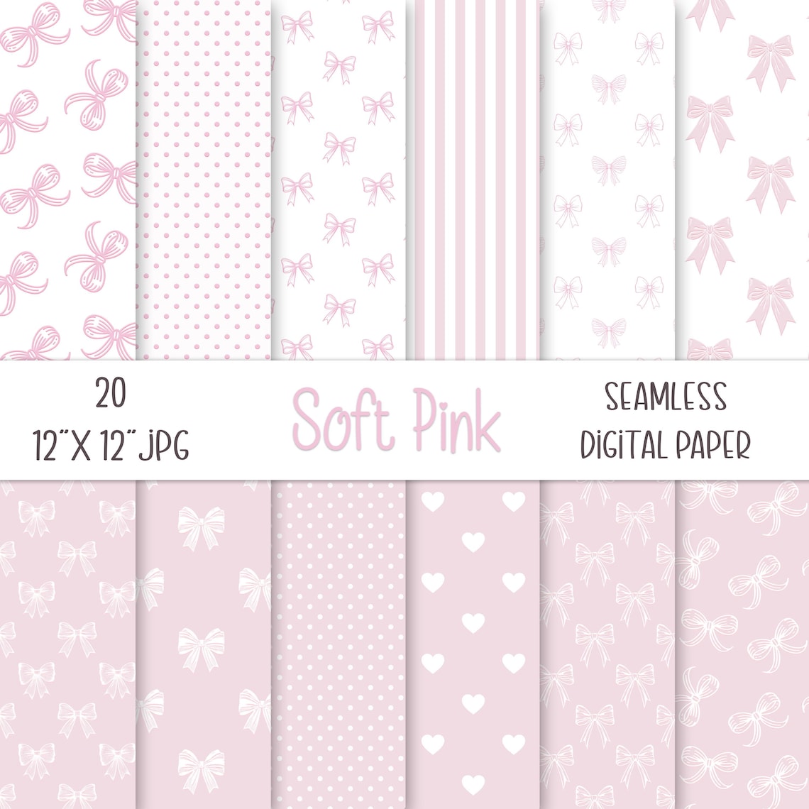 20 Seamless Soft Pink Bow Coordinating Coquette Digital Paper JPG 12x12 ...