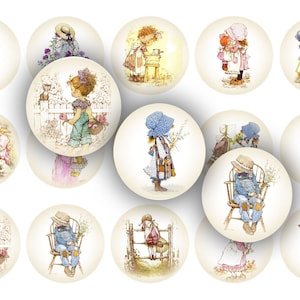 May include: A set of 15 round, cream-colored stickers featuring illustrations of girls in various poses and outfits. The girls are wearing dresses, overalls, and hats. Some of the girls are holding flowers, while others are holding baskets or watering cans. The stickers are perfect for adding a touch of whimsy to your crafts, scrapbooking, or home decor.