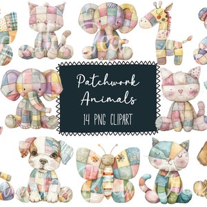 May include: A set of 14 digital clipart images featuring patchwork animals. The animals include a butterfly, a cat, an elephant, a giraffe, a bear, a dog, a cat, a dog, a giraffe, a dog, a cat, a butterfly, a dog, and a cat. The animals are all in a patchwork style with different colors and patterns.
