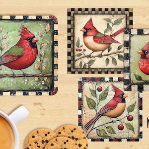 May include: Four 4-inch square digital art prints featuring red cardinals on a green background with berries and leaves. The prints have a black and white checkered border.  4 inch PNG & JPG.