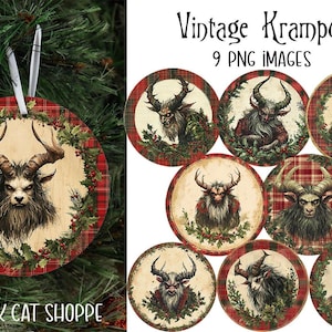 May include: Nine digital images of vintage Christmas ornaments featuring a Krampus, a mythical creature with horns and a beard, in a red and green plaid design. The text "Vintage Krampus 9 PNG IMAGES" is at the top of the image.