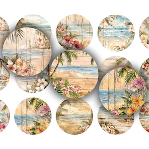 May include: A collection of round images featuring beach scenes with palm trees, flowers, and ocean views. The images are set against a backdrop of weathered wood, creating a tropical theme. The color palette includes shades of blue, beige, and pink.