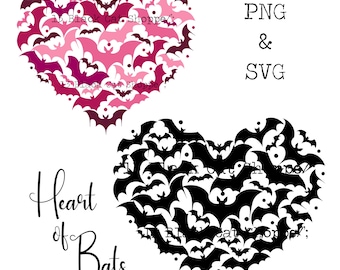 Può includere: Due disegni a forma di cuore fatti di pipistrelli. Il cuore superiore è rosa e il cuore inferiore è nero. Il testo "Heart of Bats" è sotto i cuori. Il testo "PNG & SVG" è a destra del cuore superiore.