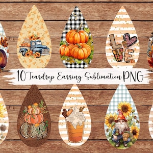 May include: Ten teardrop-shaped sublimation designs featuring fall themes.  Designs include pumpkins, gnomes, fall leaves, a truck with pumpkins, a coffee cup with whipped cream, and the word "love" with a heart.