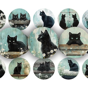 以下が含まれることがあります： 様々なポーズの黒猫が描かれた円形の画像のコレクション。各画像は、白い花と木製のアクセントが付いたターコイズ色の背景を持っています。猫は座ったり、見たり、お互いに交流したりする様子が描かれています。