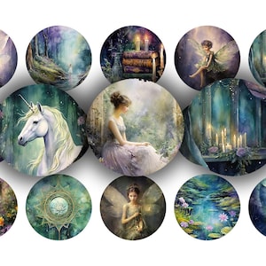 May include: A collection of 12 round, colourful, whimsical illustrations featuring fairies, unicorns, and other magical creatures. The illustrations are painted in a watercolour style and feature a variety of colours, including blue, green, purple, and pink.