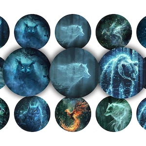 May include: A collection of round images featuring mystical forest creatures. The illustrations include a deer, owls, wolves, a bear, a raven, and a phoenix, all in shades of blue, green, and orange, set against a dark, atmospheric background.