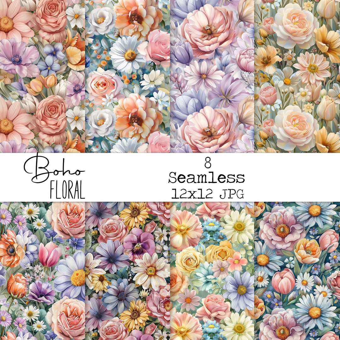 Boho Floral Seamless Farmhouse Digital Paper 12x12 Scrapbook Printable ...