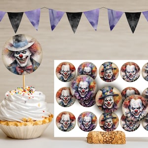 Posavasos para cupcakes con imagen imprimible de payaso asesino aterrador de Halloween de 2 pulgadas para sublimación