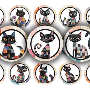 May include: Twelve round black and white patterned cat stickers. Each sticker features a black cat with a different patchwork design. The stickers are perfect for adding a touch of whimsy to any project.