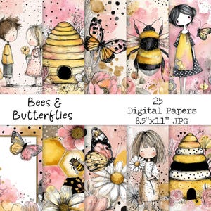25 letras de arte de pared con diseño de mariposas y abejas punteadas, con borde floral, para niño y niña, para diario basura, imprimible por sublimación, de 8,5 x 11 pulgadas