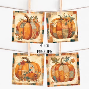 May include: Four digital printable images of patchwork pumpkins with fall colors and floral accents. Each image is 4 inches square and is available in PNG and JPG formats.