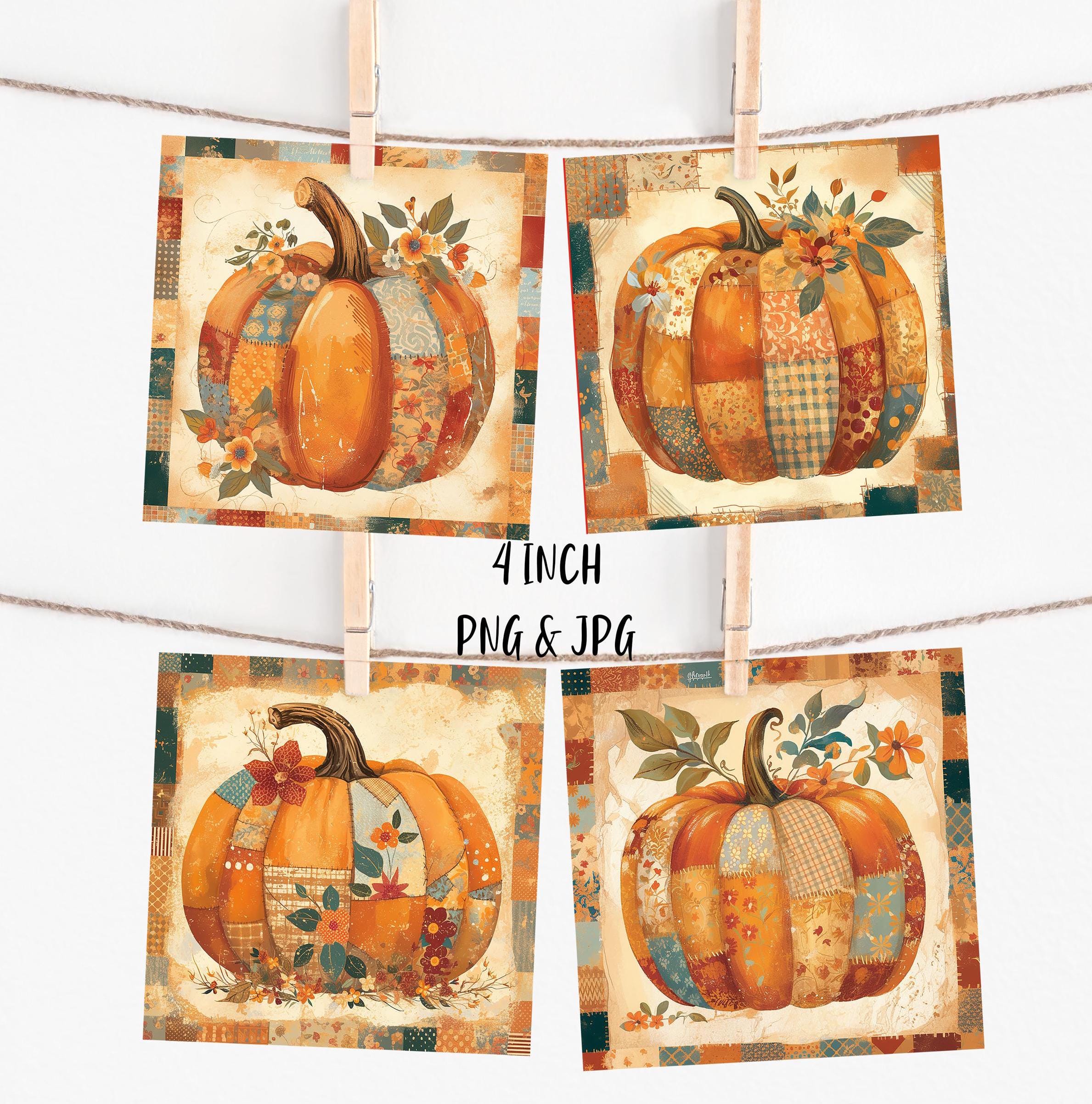 Posavasos cuadrado PNG Otoño Patchwork Calabaza Rústico Posavasos de 4 pulgadas Etiqueta de tarjeta Arte de pared Sublimación Imprimible PNG JPG