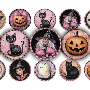 Puede incluir: Doce posavasos redondos de temática de Halloween en rosa y negro con varias imágenes, incluyendo calabazas, gatos, murciélagos y brujas.