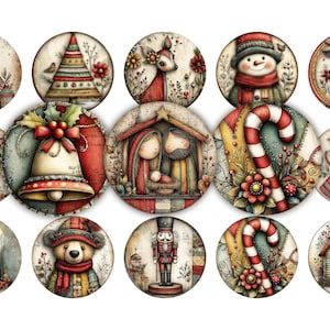 May include: A collection of round Christmas-themed illustrations. Each features a different festive design, including a nutcracker, Christmas tree, deer, snowman, nativity scene, candy cane, angel, church, bear, and house. The color palette is primarily red, green, and beige.