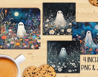 Posavasos cuadrado PNG Fantasma Floral Halloween Posavasos de 4 pulgadas Etiqueta de tarjeta Arte de pared Sublimación Imprimible PNG JPG