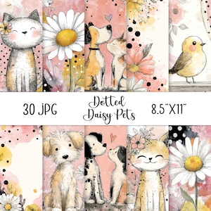 30 animais de estimação pontilhados margarida cachorro gato pássaro arte de parede com borda floral letra papel digital lixo diário 8,5x11 para impressão por sublimação
