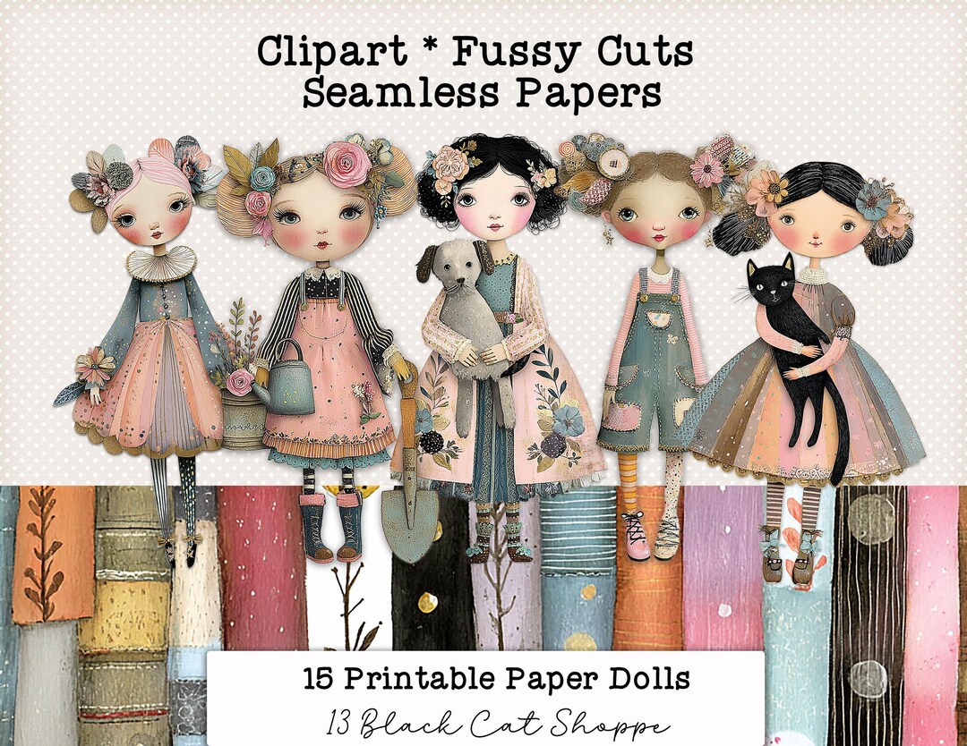 Art Junk Journal Paper Doll Ephemera Kit Fussy Cuts Seamless PNG JPG ...