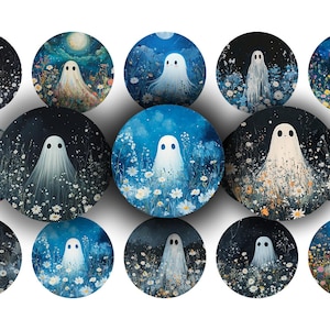 May include: A set of 12 round, blue and white painted ceramic wall art pieces. Each piece features a white ghost figure with a blue background and white flowers. The ghost figures are all different sizes and shapes.