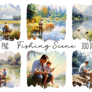 Scène de pêche lac papa père fils PNG Clipart imprimable par sublimation
