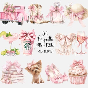 May include: A set of 34 digital clipart images featuring pink bows, including a pink pickup truck, a pair of cowboy boots, a bottle of perfume, a hat, a Starbucks coffee cup, a margarita, a corset, a glass of wine, a stack of books, a dog, a pair of high heels, and a cupcake.