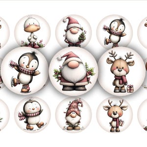 May include: A collection of 15 circular Christmas-themed illustrations. The images feature various characters, including reindeer, penguins, gnomes, a snowman, and a duck, all in festive attire. Each character is set against a white background.