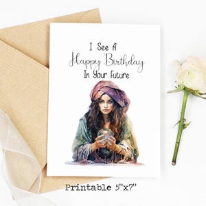 Tarjeta imprimible divertida de 5 x 7 con adivina gitana y psíquica para cumpleaños
