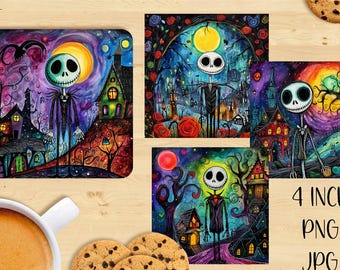 Posavasos cuadrado PNG Artsy Jacks Ghost Skeleton, posavasos de 4 pulgadas, etiqueta para tarjeta, arte de pared, sublimación, imprimible, PNG, JPG