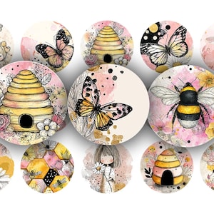 May include: A collection of round watercolor illustrations featuring bees, butterflies, and beehives. The designs include a variety of colors, including yellow, pink, and black. Some illustrations feature floral elements and cartoon figures.