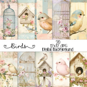 May include: A set of 20 digital backgrounds featuring birds, birdcages, and birdhouses. The backgrounds are in pastel colours with floral accents. The text "Birds" is written in a cursive font at the top of the image.