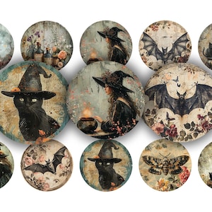 May include: Set of 12 round, vintage-style Halloween themed coasters featuring witches, cats, bats, and other spooky imagery. The coasters are decorated with a distressed, aged look and have a variety of colors, including black, white, brown, and green.