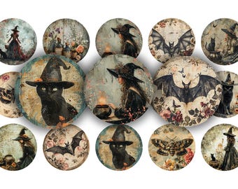 May include: Set of 12 round, vintage-style Halloween themed coasters featuring witches, cats, bats, and other spooky imagery. The coasters are decorated with a distressed, aged look and have a variety of colors, including black, white, brown, and green.