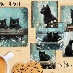 May include: A collection of cat-themed art prints. The images feature black cats in various poses, set against a backdrop of a weathered teal-colored wall and white flowers. The text "13 Black Cat Shoppe" is visible.