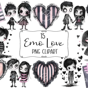 Puede incluir: Un conjunto de 15 imágenes de clipart digital que presentan personajes de estilo emo y corazones. Los personajes son en blanco y negro con acentos rosados. Los corazones son rosas y negros con rayas. El texto "15 Emo Love PNG Clipart" está incluido en la imagen.