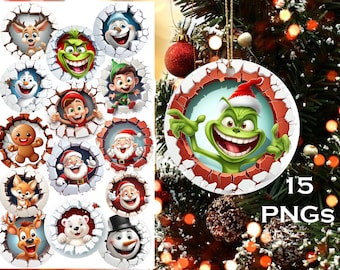 May include: A set of 15 Christmas-themed PNG images featuring various characters in a cartoon style. The images include a Grinch, Santa Claus, elves, reindeer, and other festive figures. Each character is depicted in a circular frame with a cracked brick wall design.
