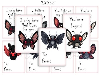 Puede incluir: Conjunto de diez tarjetas de San Valentín imprimibles de 2,5 por 3,5 pulgadas con lindas ilustraciones de mariposas negras y rojas con varios mensajes, que incluyen "Solo tengo ojos rojos para ti", "Eres una leyenda" y "Creo en ti".