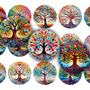 May include: Twelve colorful round glass cabochons with a tree of life design. Each cabochon features a different color scheme and intricate details, including leaves, branches, and roots. The cabochons are perfect for crafting projects, such as jewelry making, scrapbooking, and resin art.