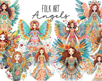 May include: A set of nine colorful folk art angels with intricate details and floral accents. The angels are depicted with wings, flowing hair, and smiling faces. The text "FOLK ART Angels" is written in a decorative font at the top of the image.