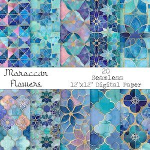 Marokkaanse tegel islamitische Perzische bloem arabesk blauw groen digitaal papier 12 x 12 plakboek afdrukbare sublimatie